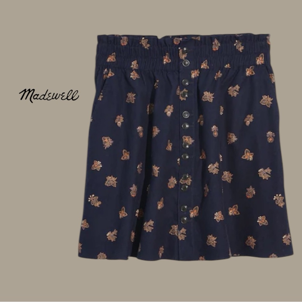 Madewell 2X Corduroy Paperbag Mini Skirt Navy Floral Button Front